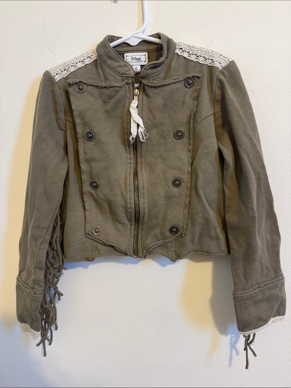 Disney Olive Green Crochet-Trim Fringe Girls Jacket